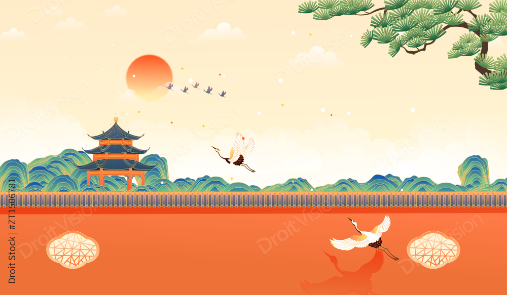 国潮风复古宫墙矢量插画图片