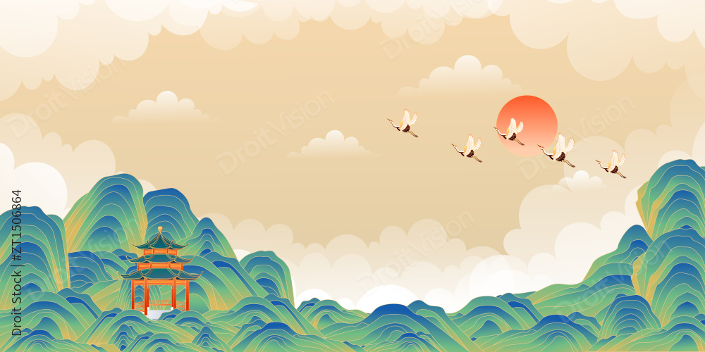 国潮山水仙鹤矢量插画图片