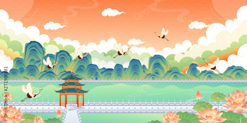 江南园林矢量风景插画图片