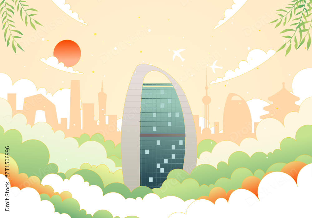 人民日报新媒体大厦建筑矢量插画图片