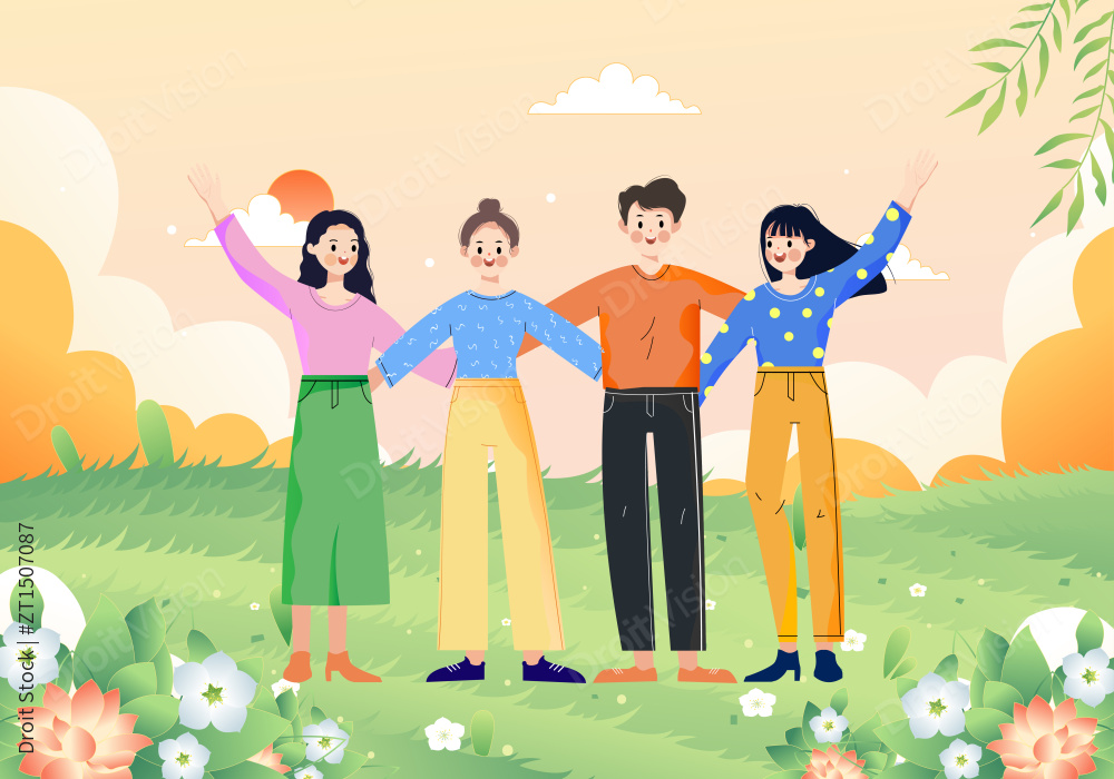 在户外游玩的男女青年卡通矢量插画图片