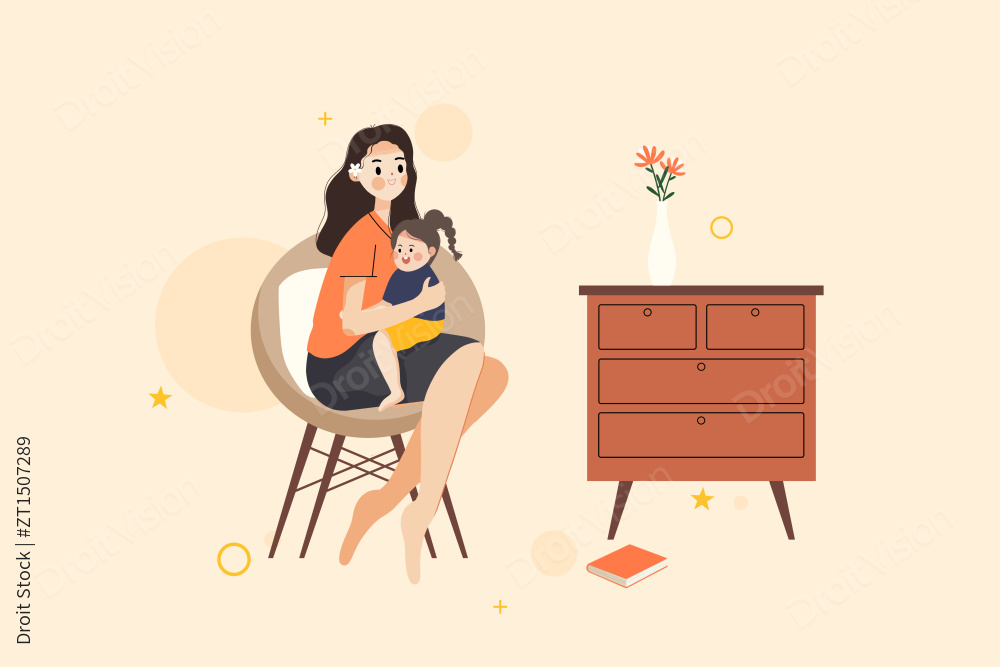 坐在椅子上抱着女儿的妈妈卡通插画图片