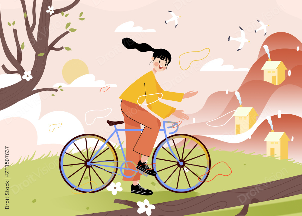 骑自行车运动健身卡通插画图片