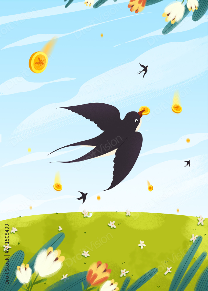 立春时节燕子携着金币在天空飞翔图片