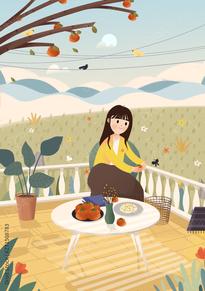 正在剥柿子的女孩子图片