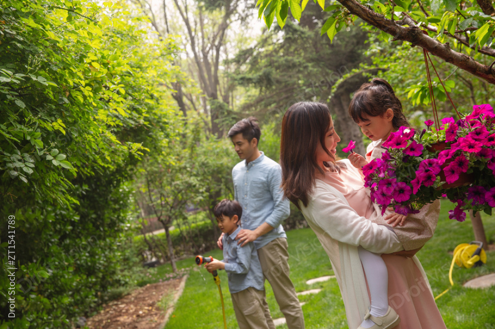 快乐家庭在庭院里玩耍图片