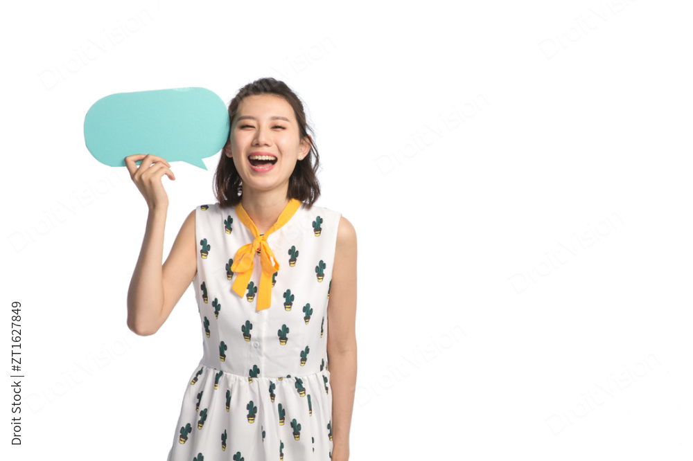 青年女人拿着对话框图片