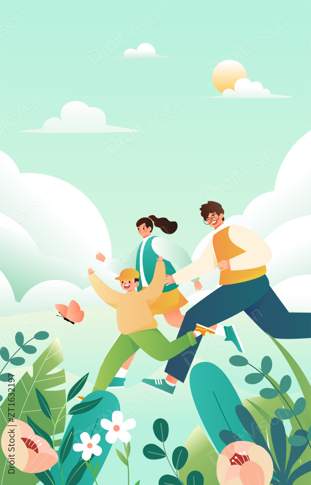 一家人奔跑着出游插画图片