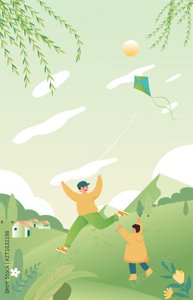 春天小孩一起放风筝插画图片