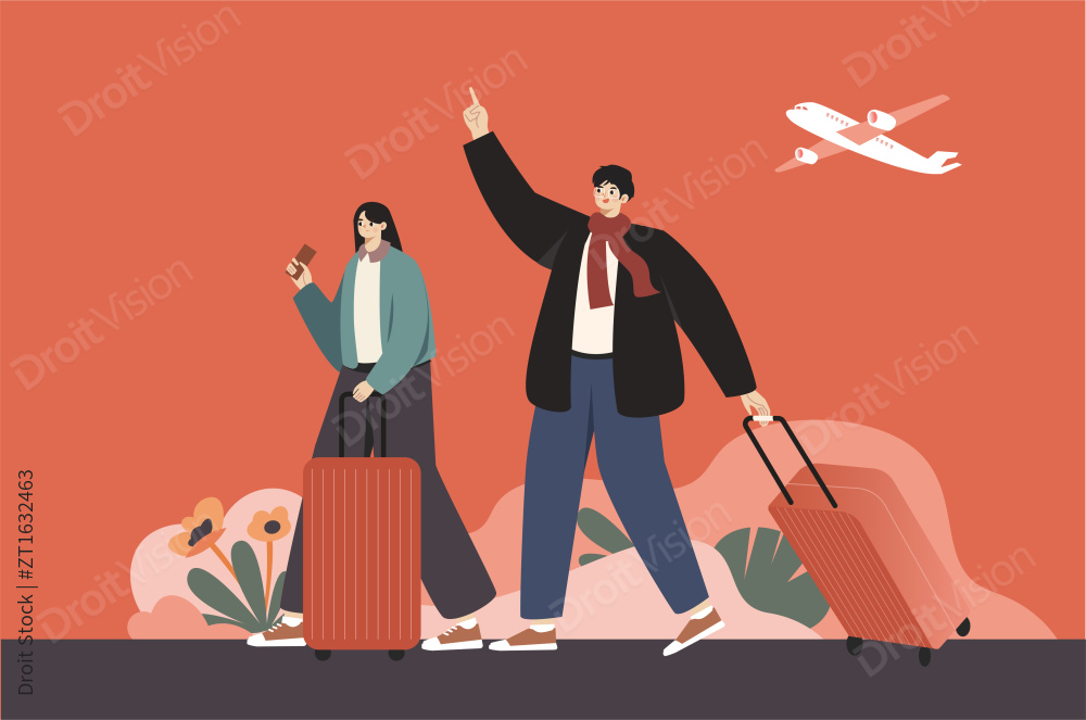 一对情侣拖着行李箱图片