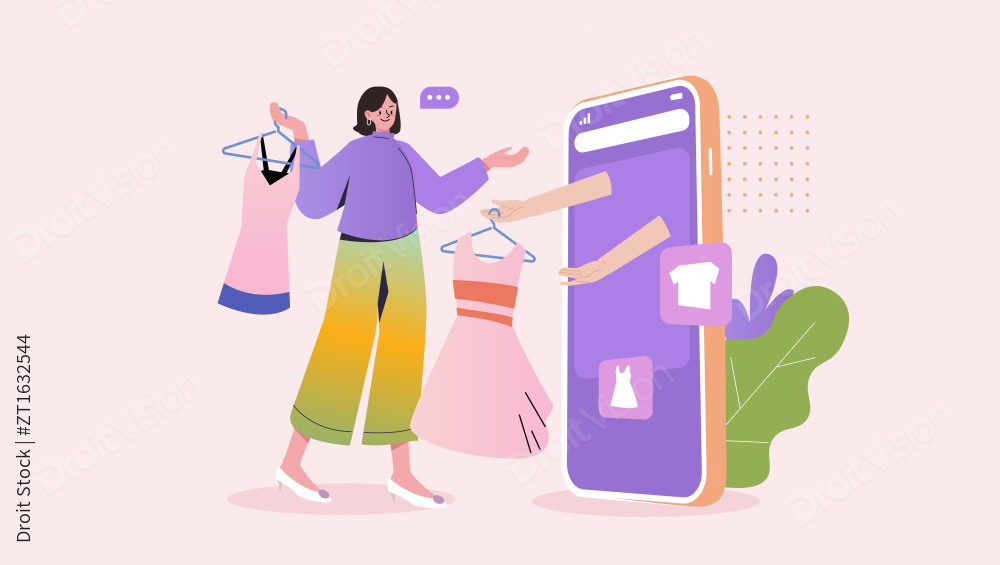 在手机上试衣服插画图片