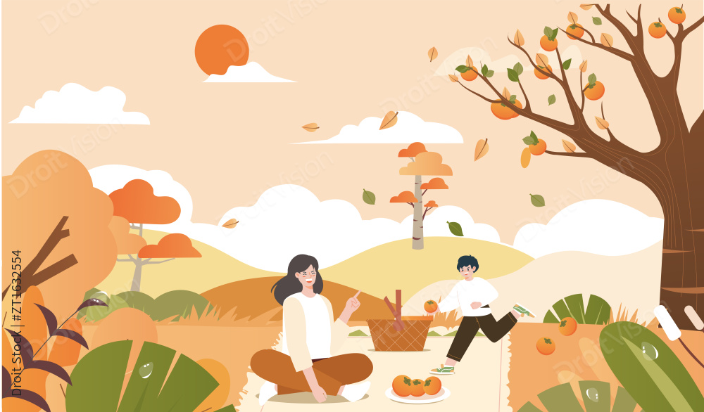 秋季亲子旅游矢量插画图片