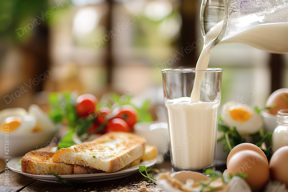 一杯牛奶倒入一盘食物中旁边放着面包和鸡蛋图片