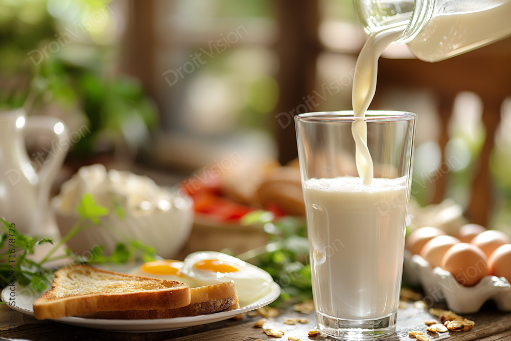 一杯牛奶被倒入玻璃杯中旁边是桌子上的一盘图片