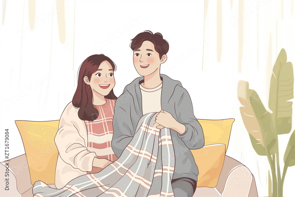 一男一女裹着毯子坐在沙发上相视而笑图片