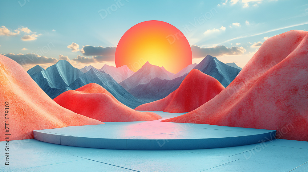 超现实的风景中间有山和湖图片