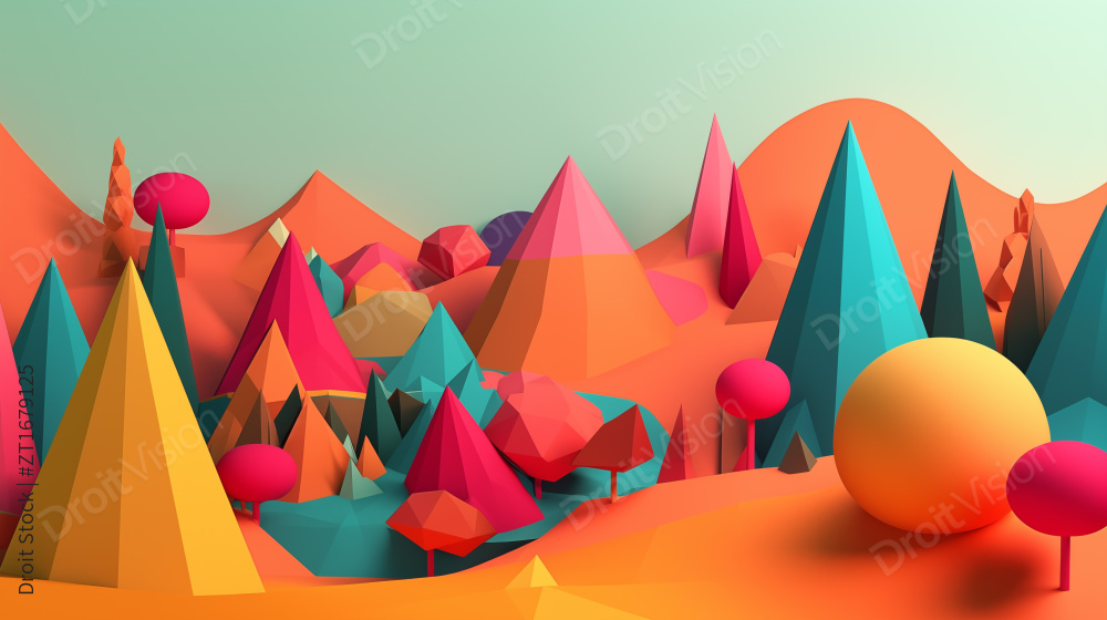 一幅色彩斑斓的风景画背景是一座山和几棵树图片