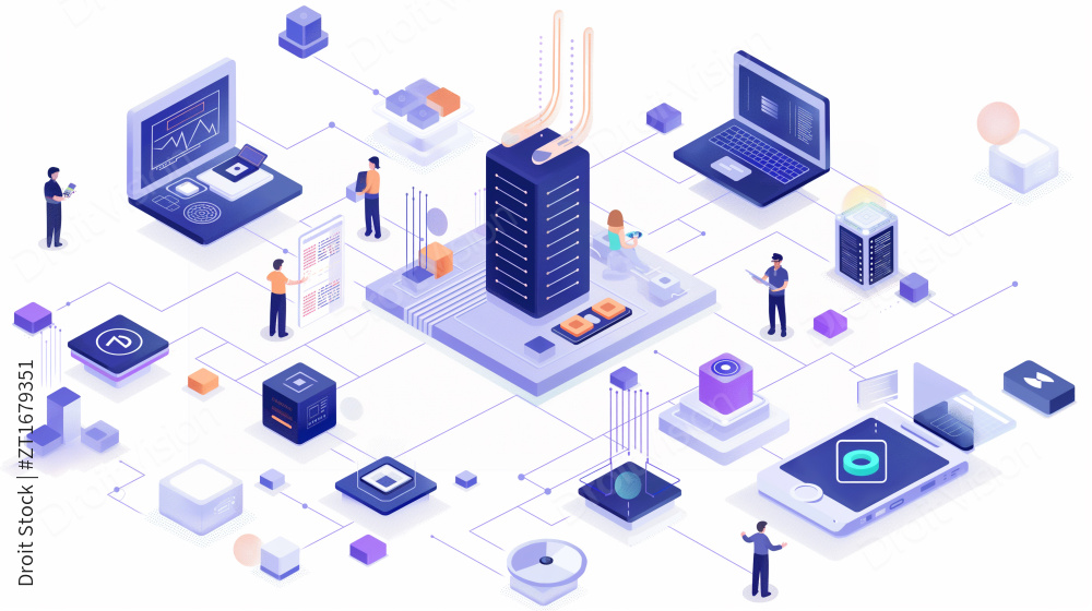 一群人围着桌子上的一台电脑和一台笔记本电图片