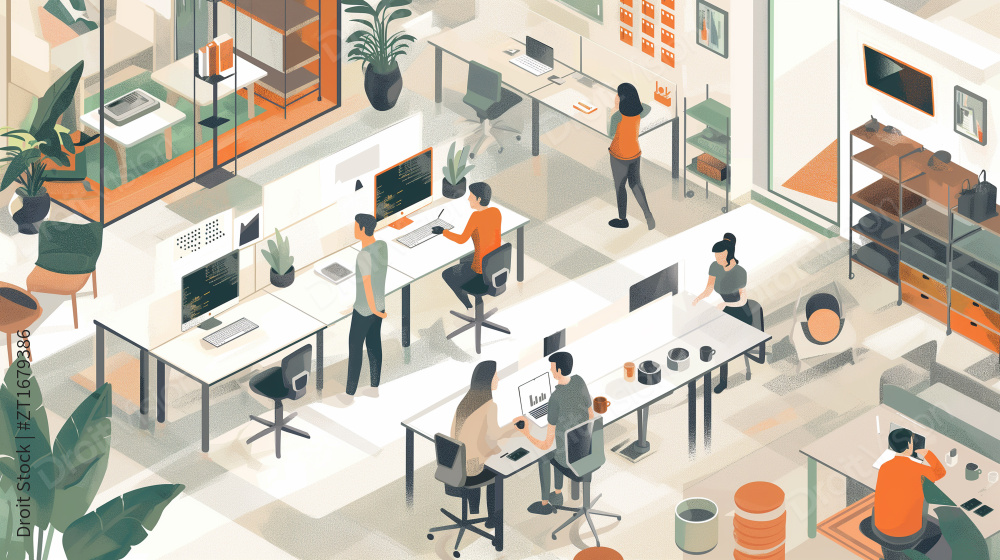 一群人在办公室环境中工作配有电脑和办公桌图片