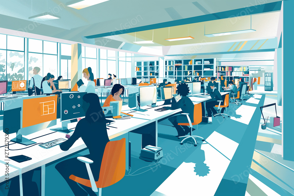 一群人在图书馆里用橙色的椅子和桌子和蓝色图片