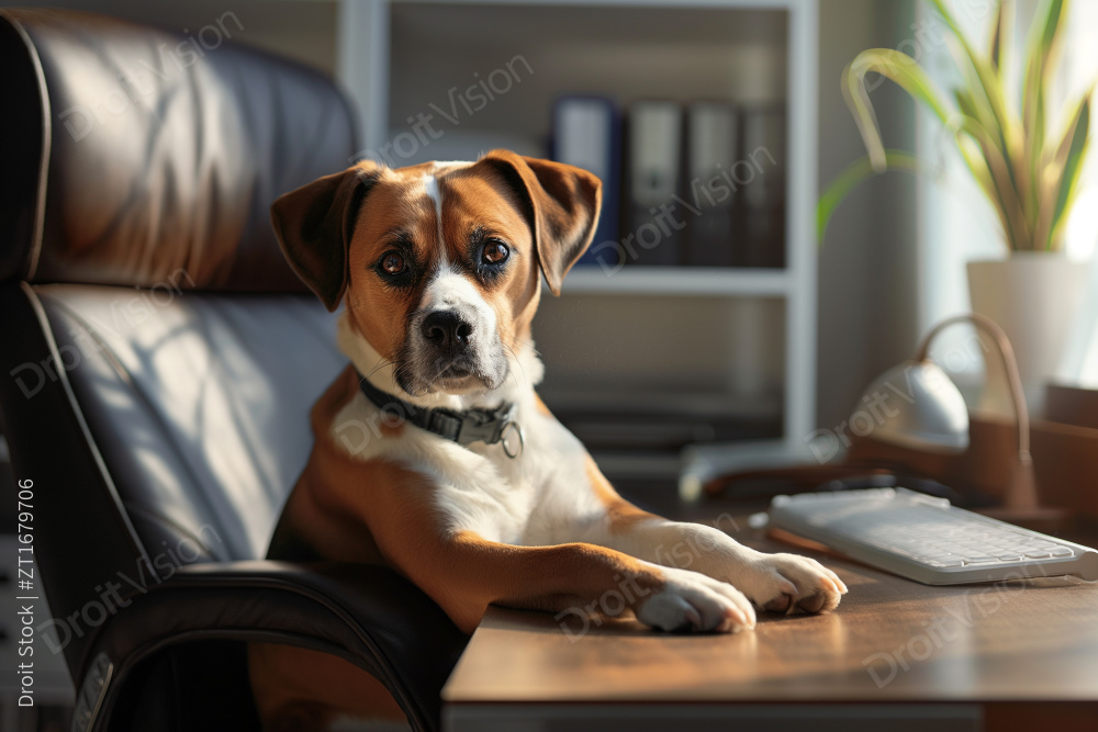 一只狗坐在桌子旁一侧是电脑图片