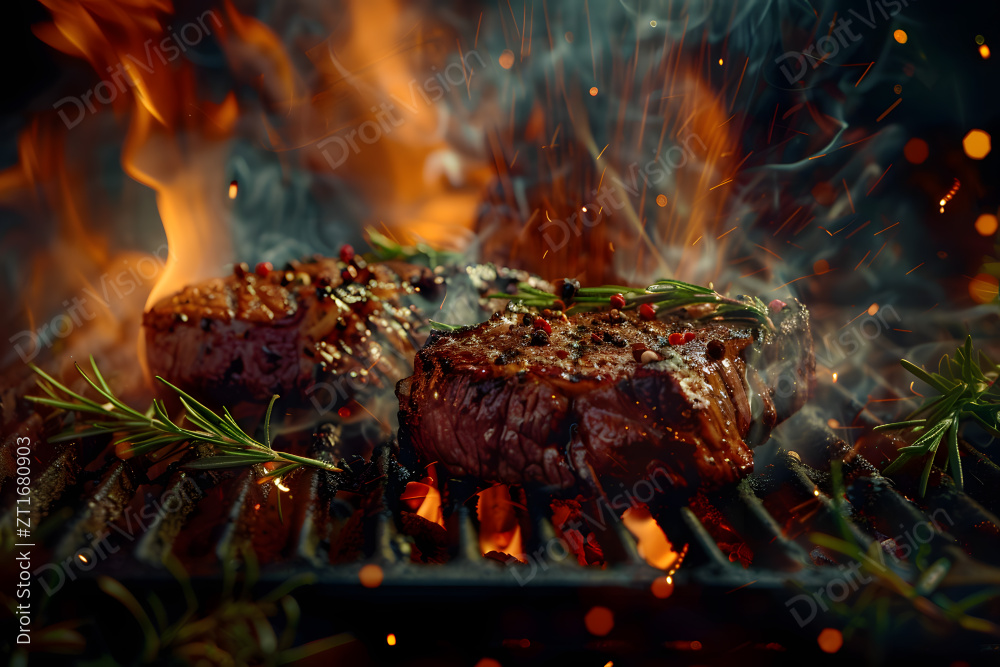 牛排正在烤架上烹饪背景是火焰图片