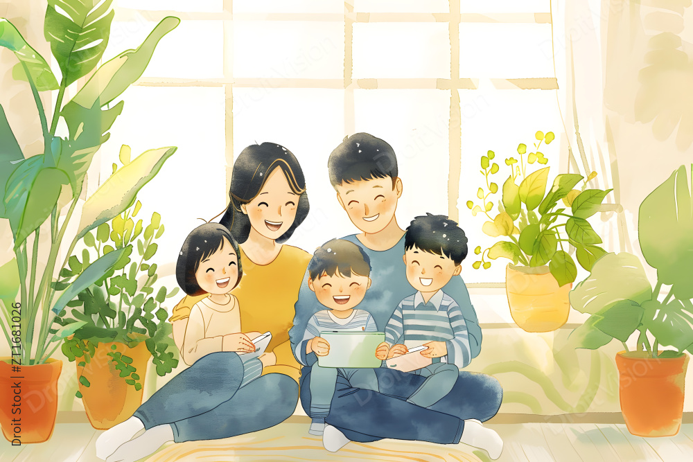 一家人坐在窗前的床上窗前有植物图片