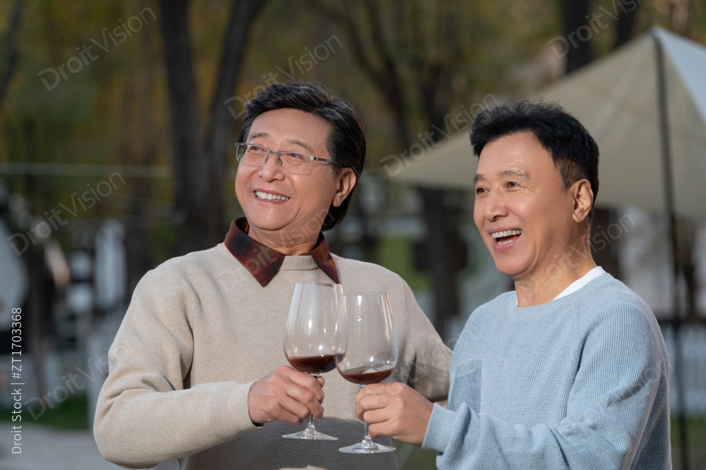 中老年朋友在庭院里喝酒聊天图片