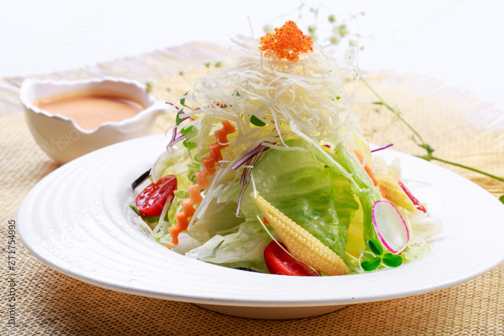 白色瓷盘装的田园时蔬拌菜沙拉图片