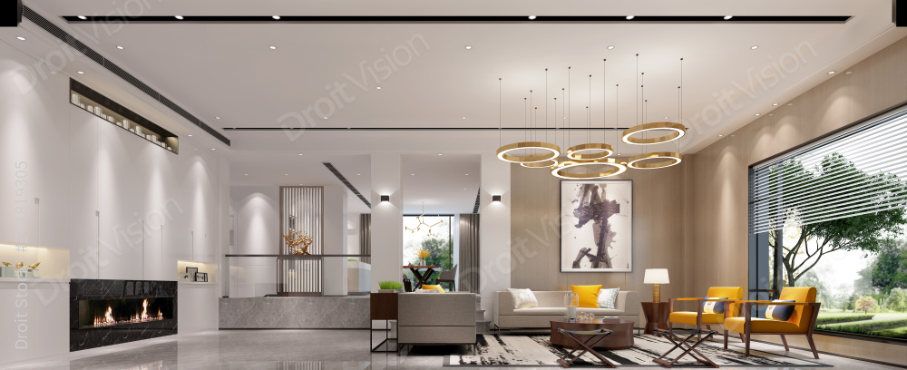 室内设计客厅-豪华美丽的新家，室内装饰优雅，有白色的明亮灯光，家具齐全，包括沙发、桌子、椅子等，营造出舒适的居住氛围，可欣赏豪华住宅的客厅，餐厅！图片