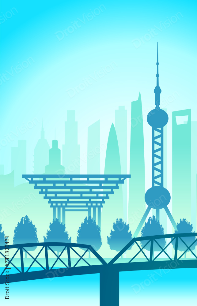 中国上海城市景观扁平矢量插画图片