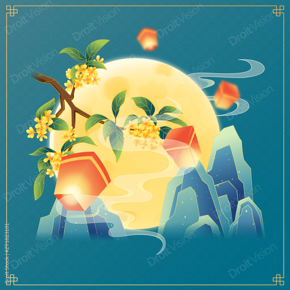 国潮风花好月圆中秋节满月桂花月饼矢量插画图片