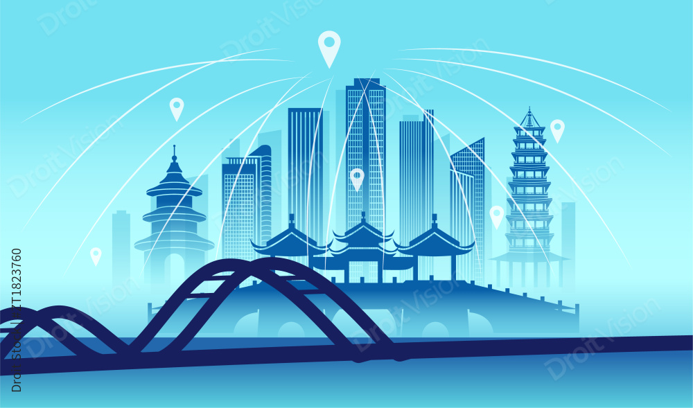 中国江苏省扬州市城市数据8G网络空间插画图片