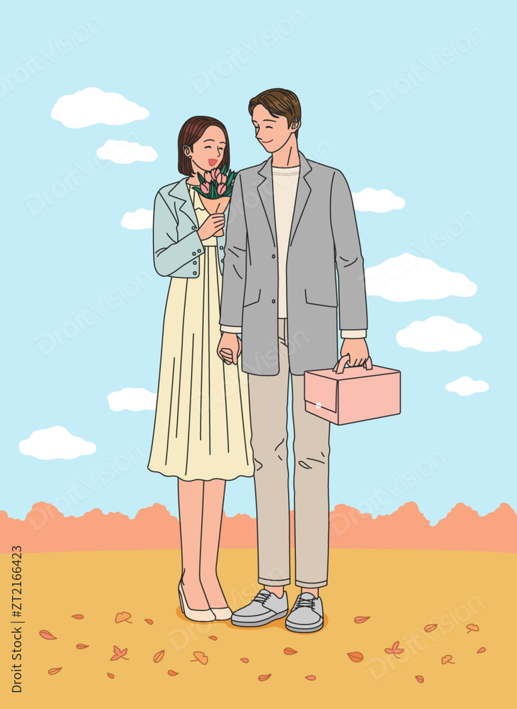 一幅场景矢量图像插图，描绘了即将结婚的恋人在周年纪念日牵手拍照的场景 图片