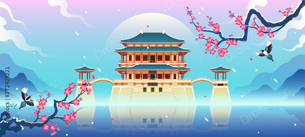 西安大唐芙蓉园冬天中国风矢量插画图片