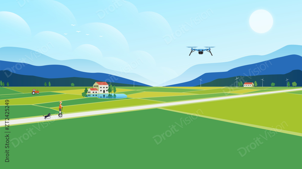 新农村农田蓝天白云无人机插画图片