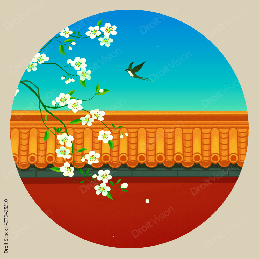 故宫红墙梨花春天中国风插画图片