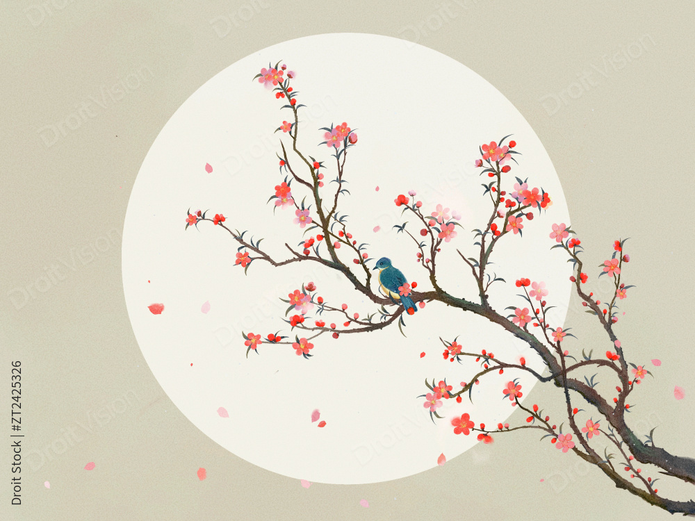 春天桃花古风水墨插画图片