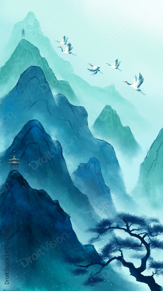 古风山川寒秋手绘插画图片