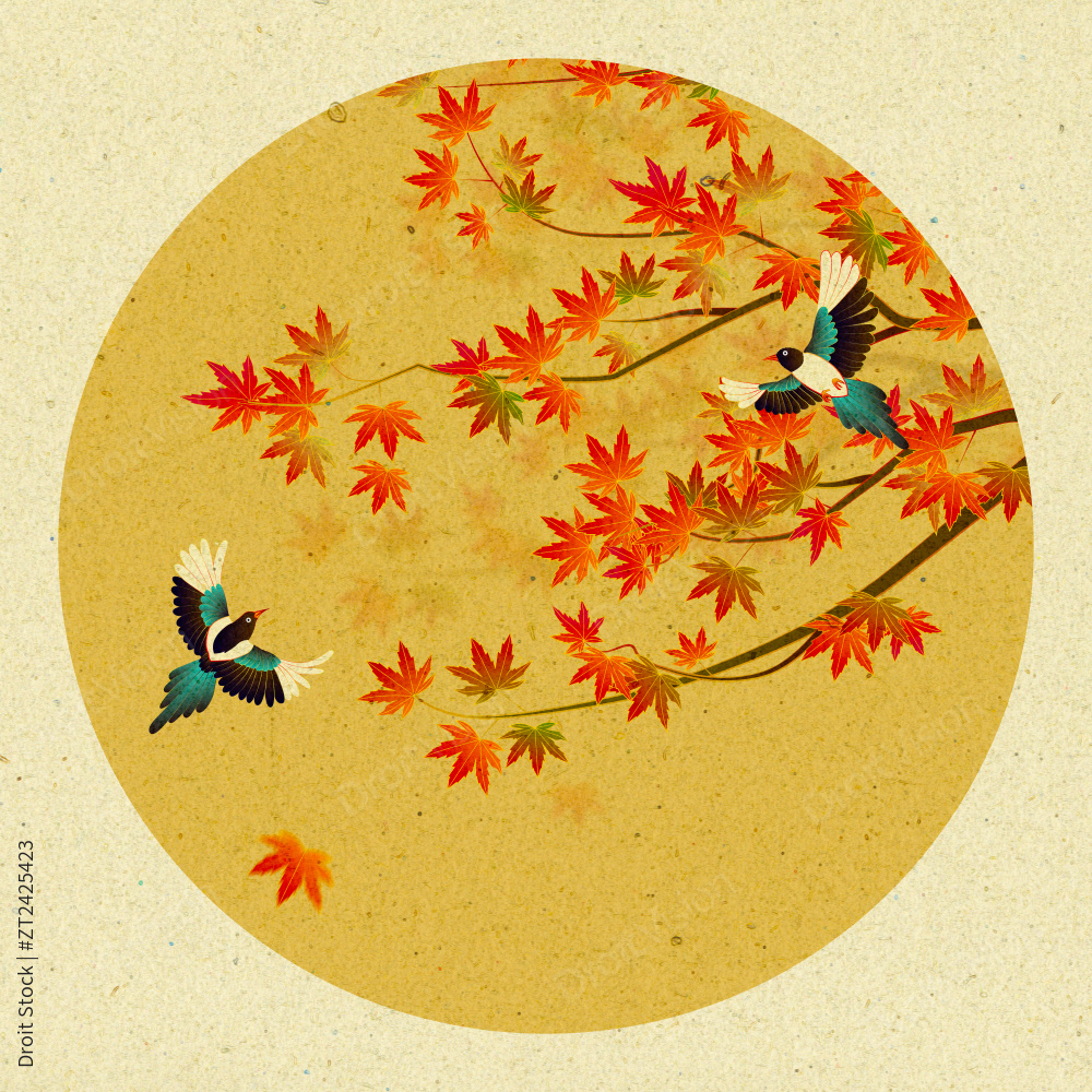 秋天枫叶喜鹊中国风插画图片