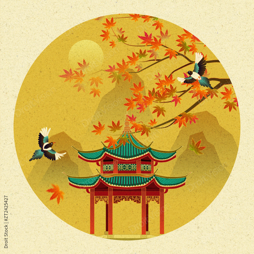 杭州集贤亭秋天枫叶喜鹊中国风插画图片