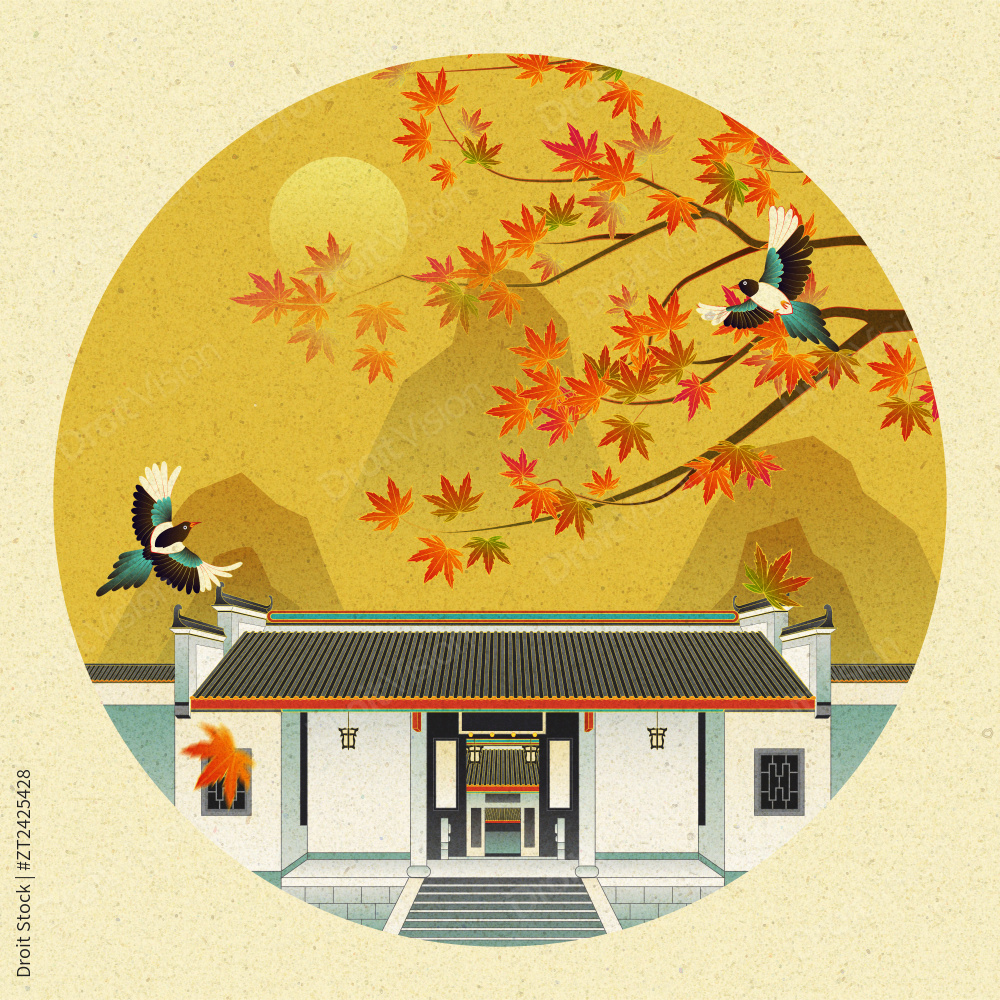 长沙岳麓书院秋天枫叶喜鹊中国风插画图片