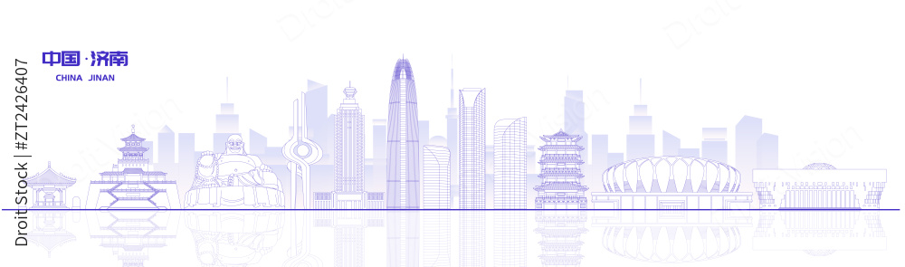 济南城市地标建筑紫色线稿矢量插画海报图片