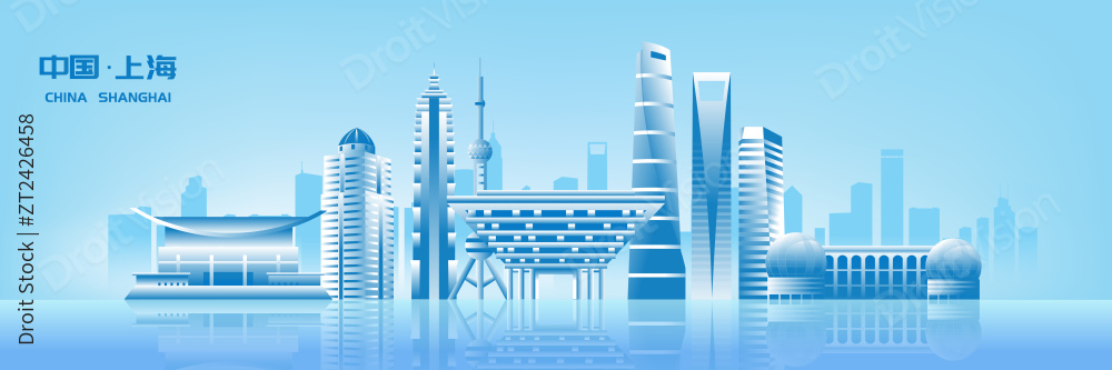 上海城市地标建筑蓝色线稿渐变矢量插画海报图片