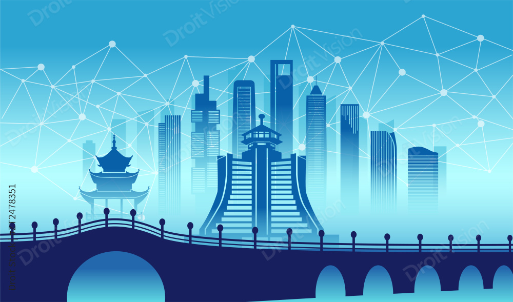 中国贵州省贵阳市城市5G数据网络插画蓝色图片
