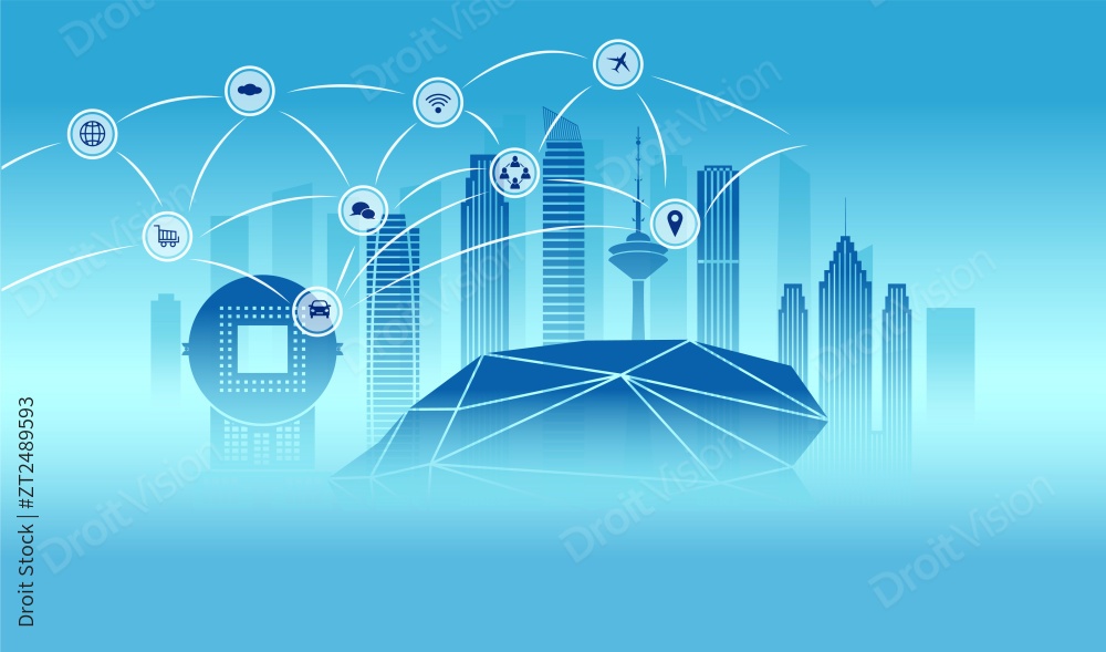 中国辽宁沈阳城市城市数据5G网络插画蓝色图片