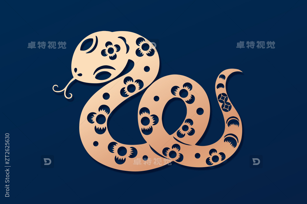 金色蛇年剪纸新春插画图片