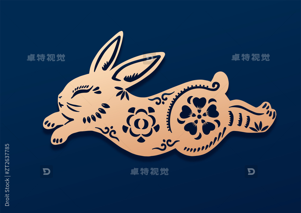 奔跑的兔子生肖兔年剪纸矢量插画图片