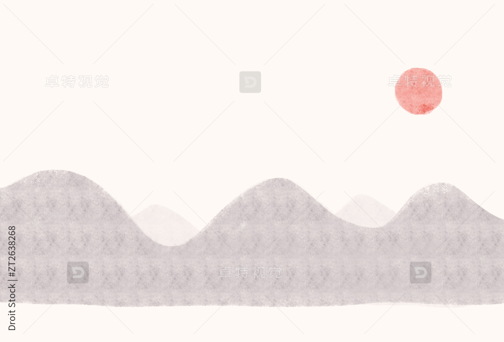 水彩国风群山红日纹理背景图片