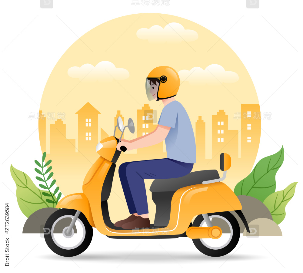 一个男生在城市和叶子背景前骑电动车图片